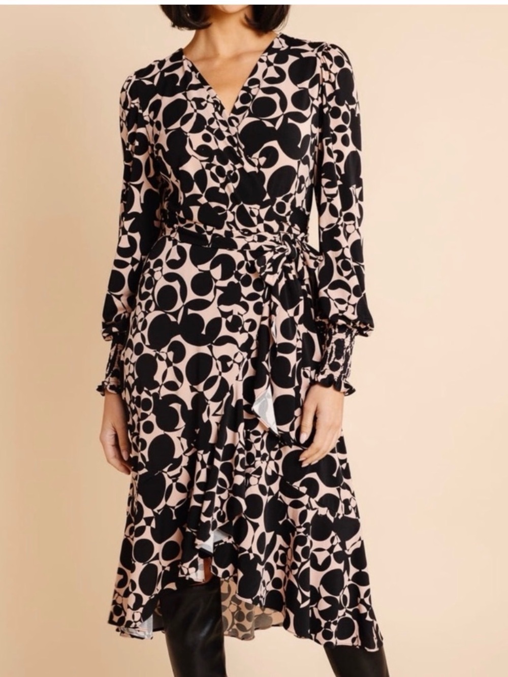 Rachel Parcell Retro Print Jersey Knit Wrap MIDI Dress 4 Abstract Office blush